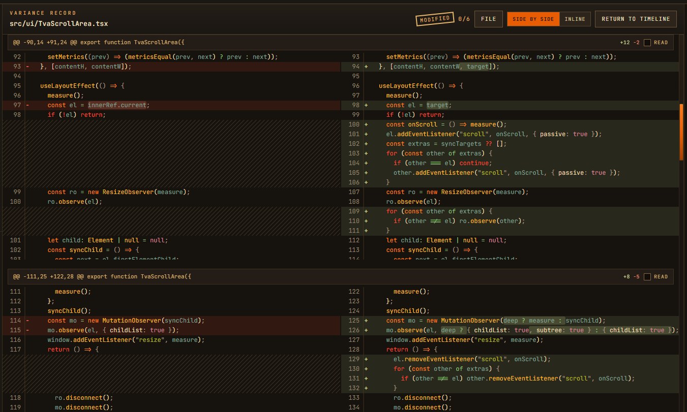 Timestream review desk showing a Pierre split diff of a TypeScript file with hunk headers and syntax color.