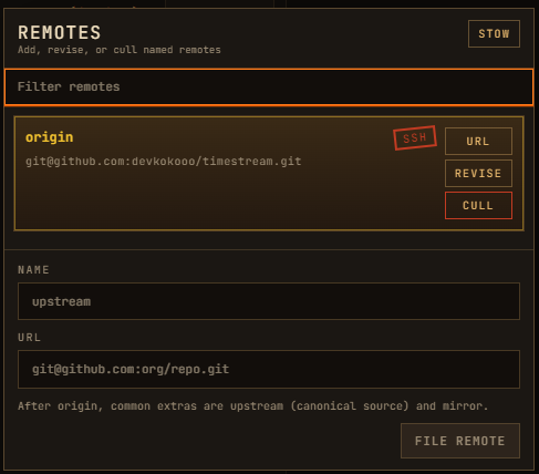 Timestream Remotes Desk listing named remotes with add, rename, URL, and cull controls.