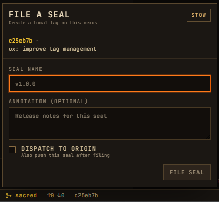 Timestream chronomonitor with the Seals rail listing local tags, separate from GitHub HQ.